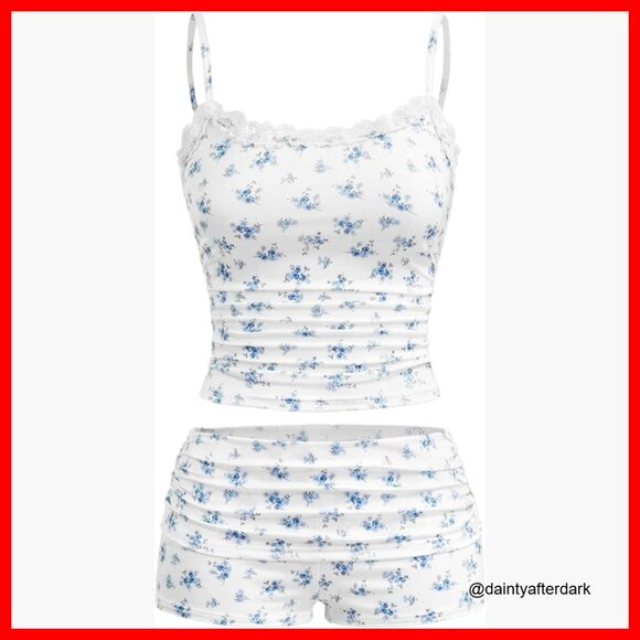 Other - Sexy Pajama Set 2 Piece Lace Trim Cami Crop Tops and Ruched Shorts